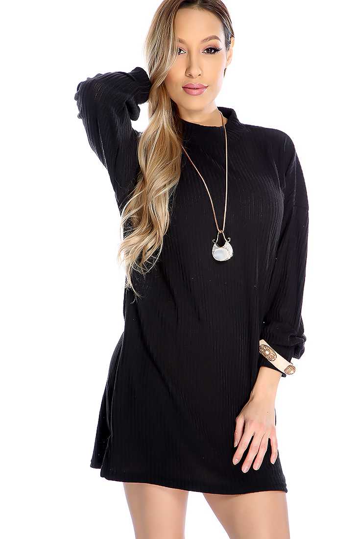 Sexy Black Long Sleeve Mock Neck Sweater Dress