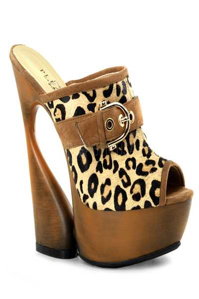 Tan Leopard Pony Hair Clog Mule Platform Sculptured Wedge Heels