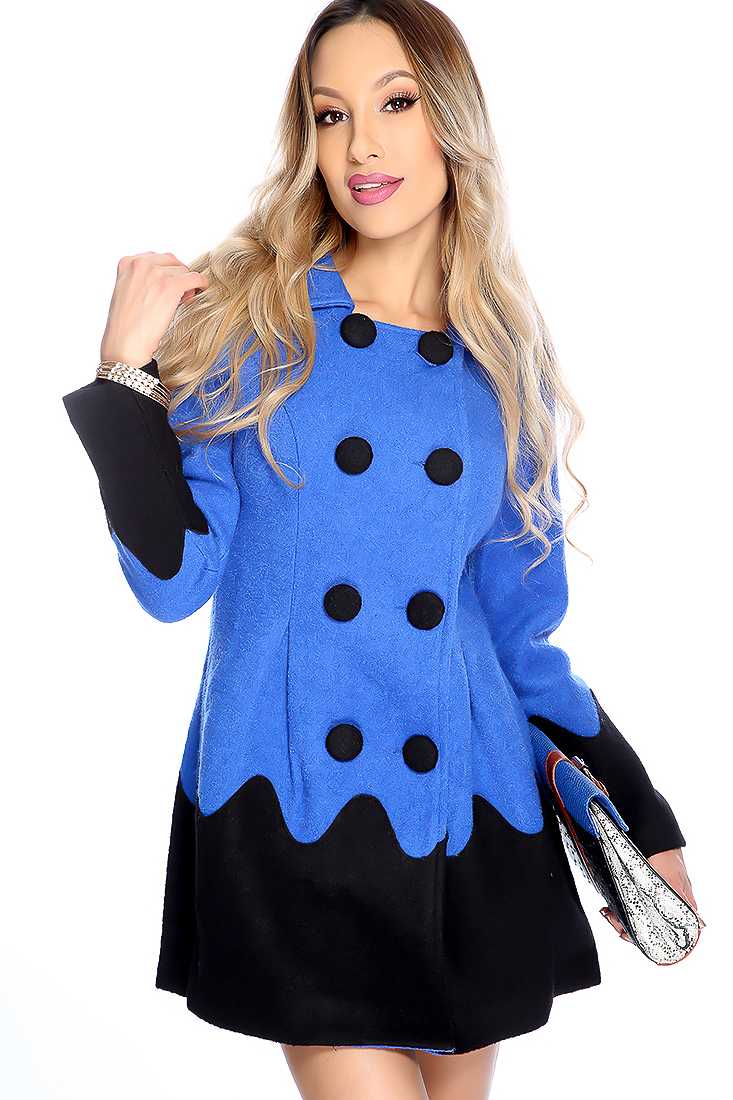Royal Blue Black Long Sleeve Button Detail Coat