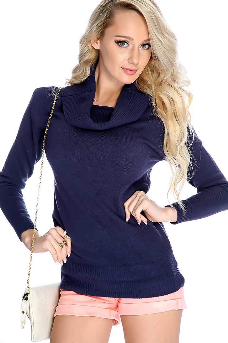 Navy Ribbed Turtle Neck Sweater Top