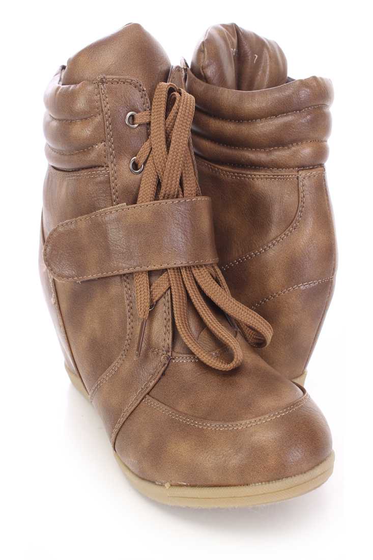 Khaki Lace Up Mid Strap Sneaker Wedges Faux Leather