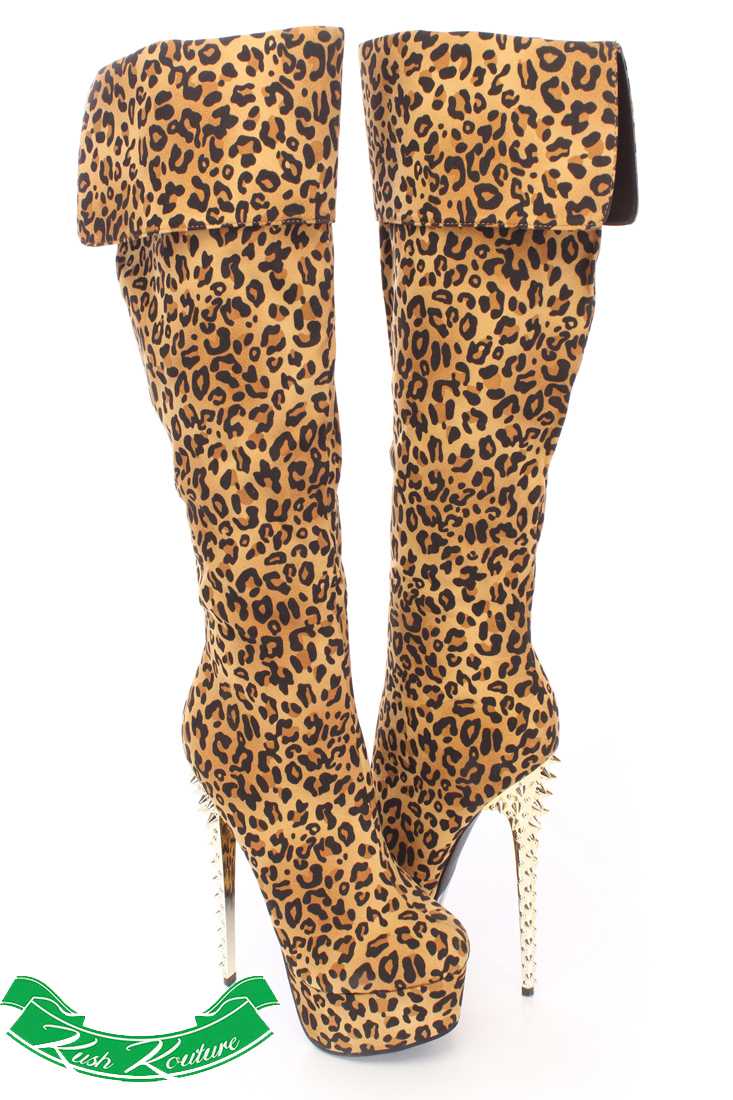 Leopard Cuffed Knee High Boots Faux Suede