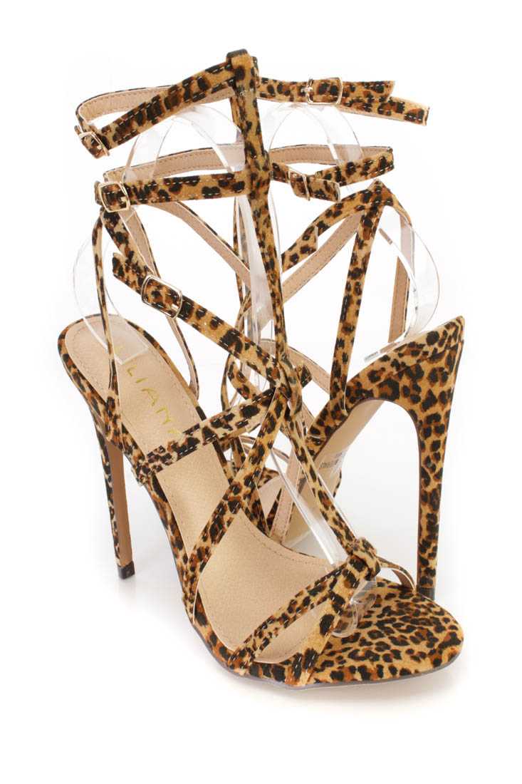 Leopard Strappy Single Sole High Heels Faux Leather