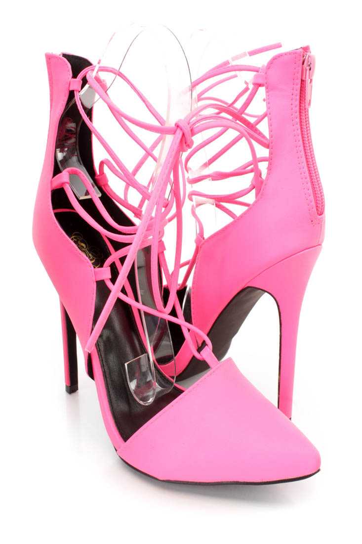 Neon Pink Wrap Around Tie Single Sole High Heels Faux Leather