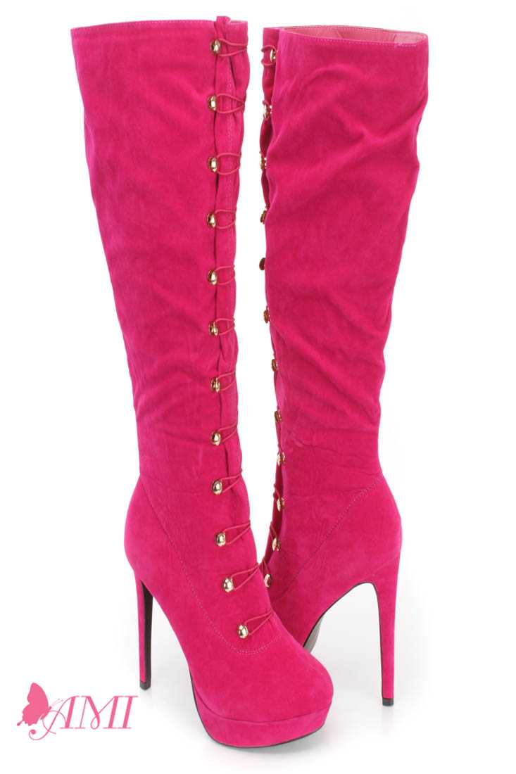 Hot Pink Hook Loop High Heel Boots Faux Suede