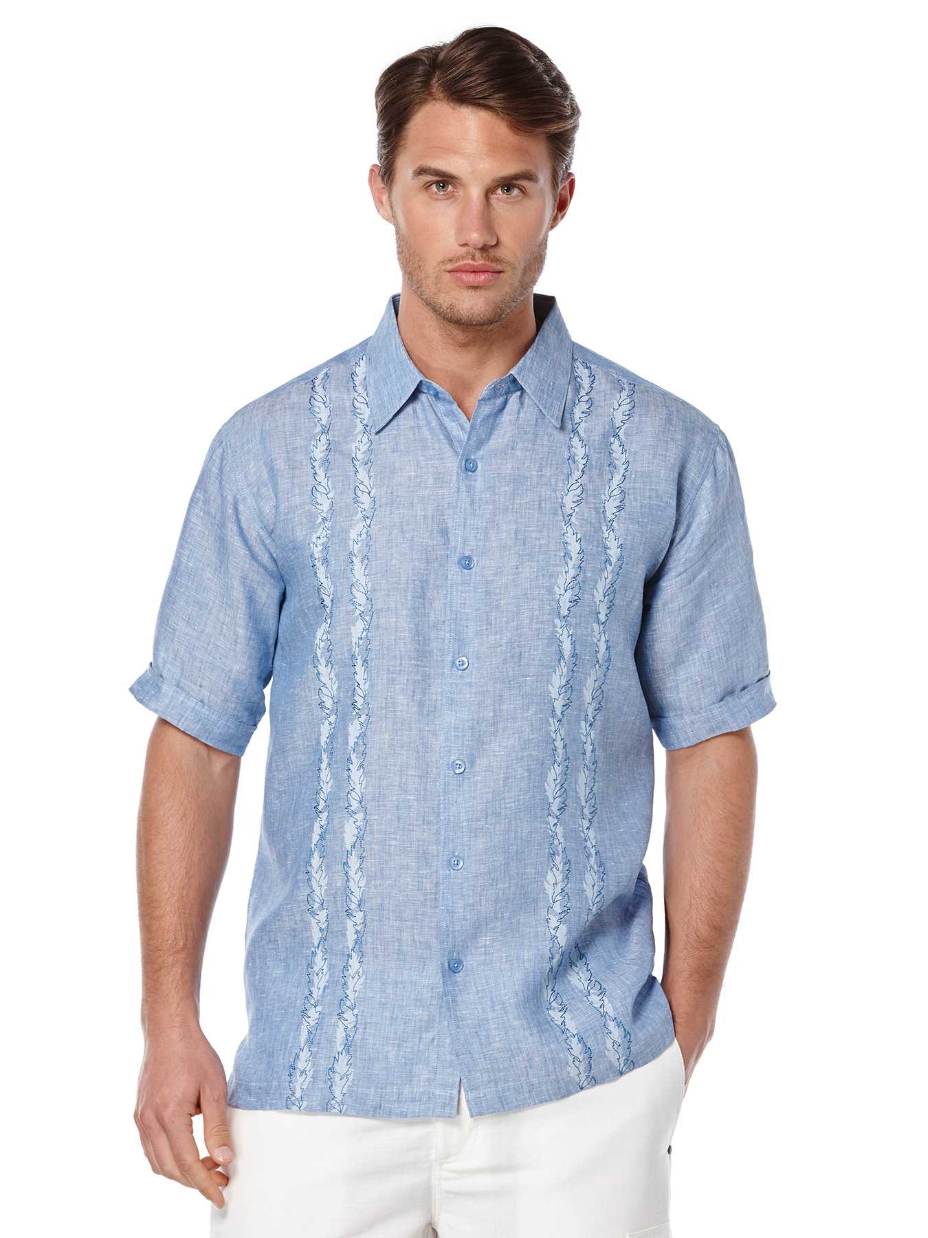 Cubavera Short Sleeve 100% Linen Print Embroidery