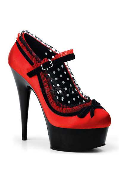 Red Satin Ruffle Trim Maryjane High Heels