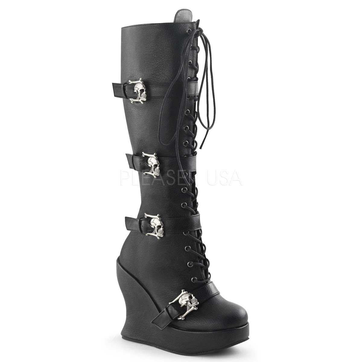 Black Skull Buckle Knee High Boots Faux Leather