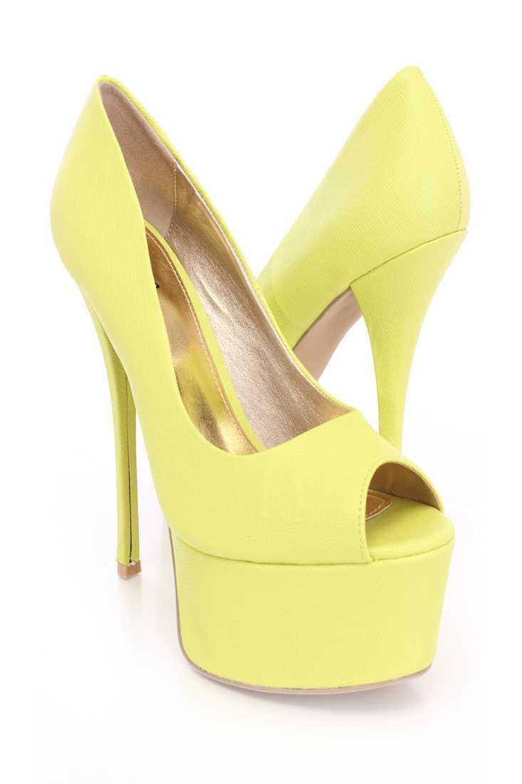 Lemon Lime Texture Peep Toe Platform Pumps Faux Leather