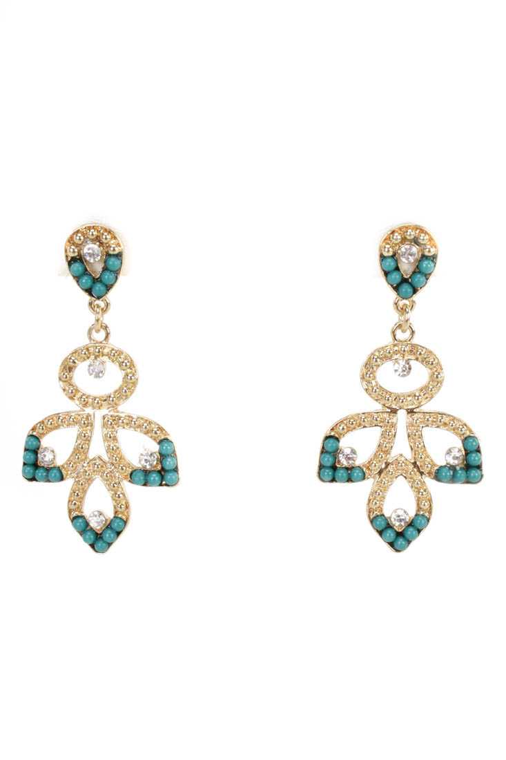 Teal Gold Intricate Dangle High Polish Metal Earrings