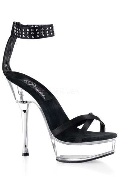 BLACK SATIN CLEAR CROSS VAMP STUDDED DETAIL High Heels