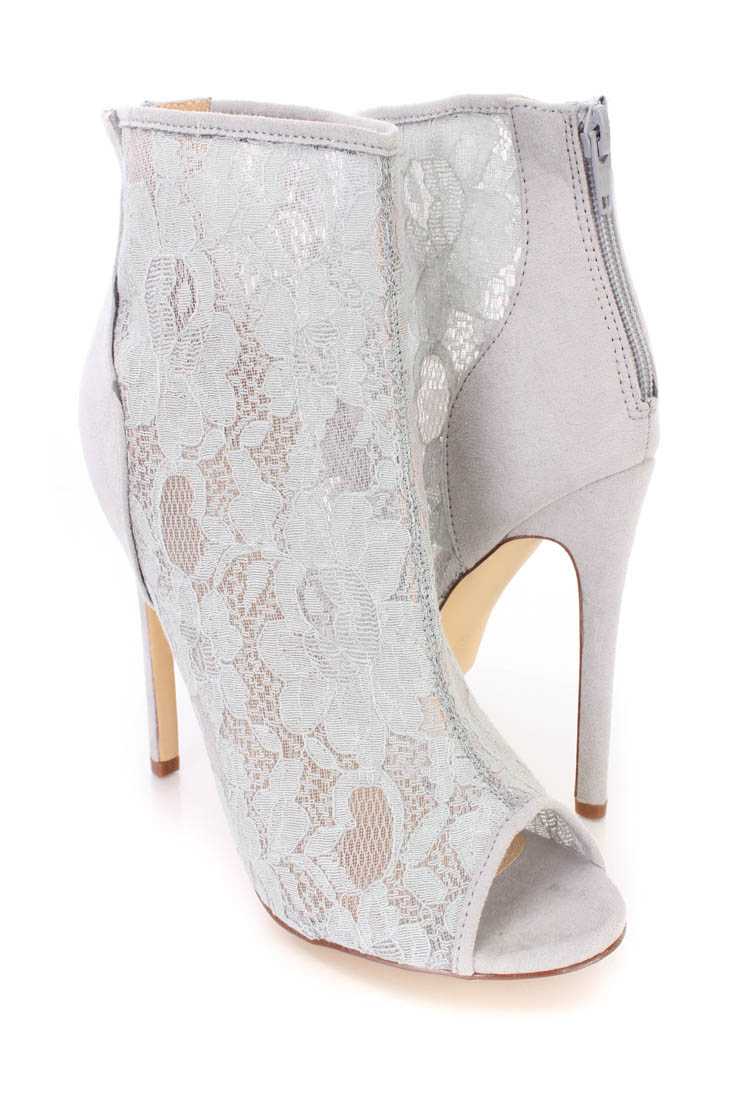 Grey Peep Toe Single Sole Ankle Booties Lace