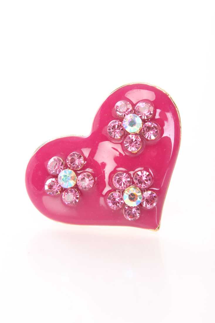 Magenta Gold Floral Rinestone Heart Ring