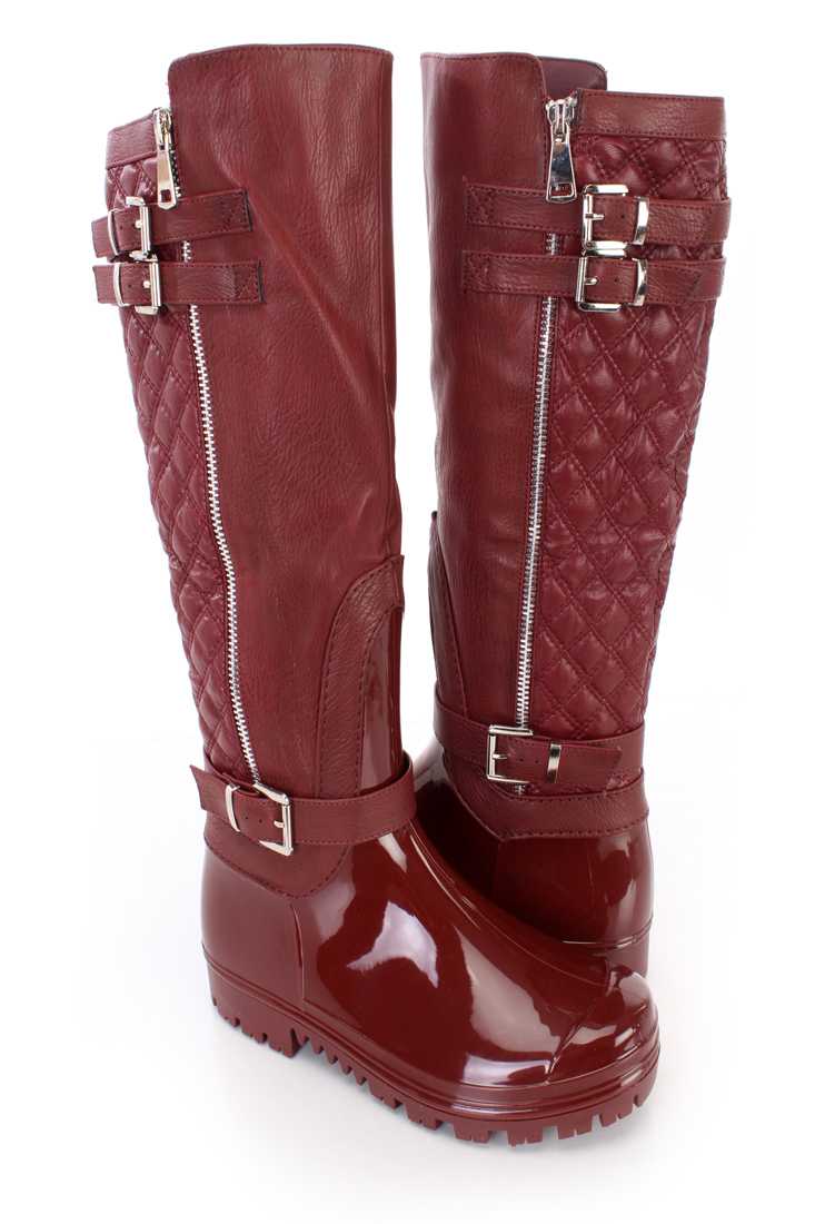 Wine Stitched Quilted Riding Boots Faux Leather