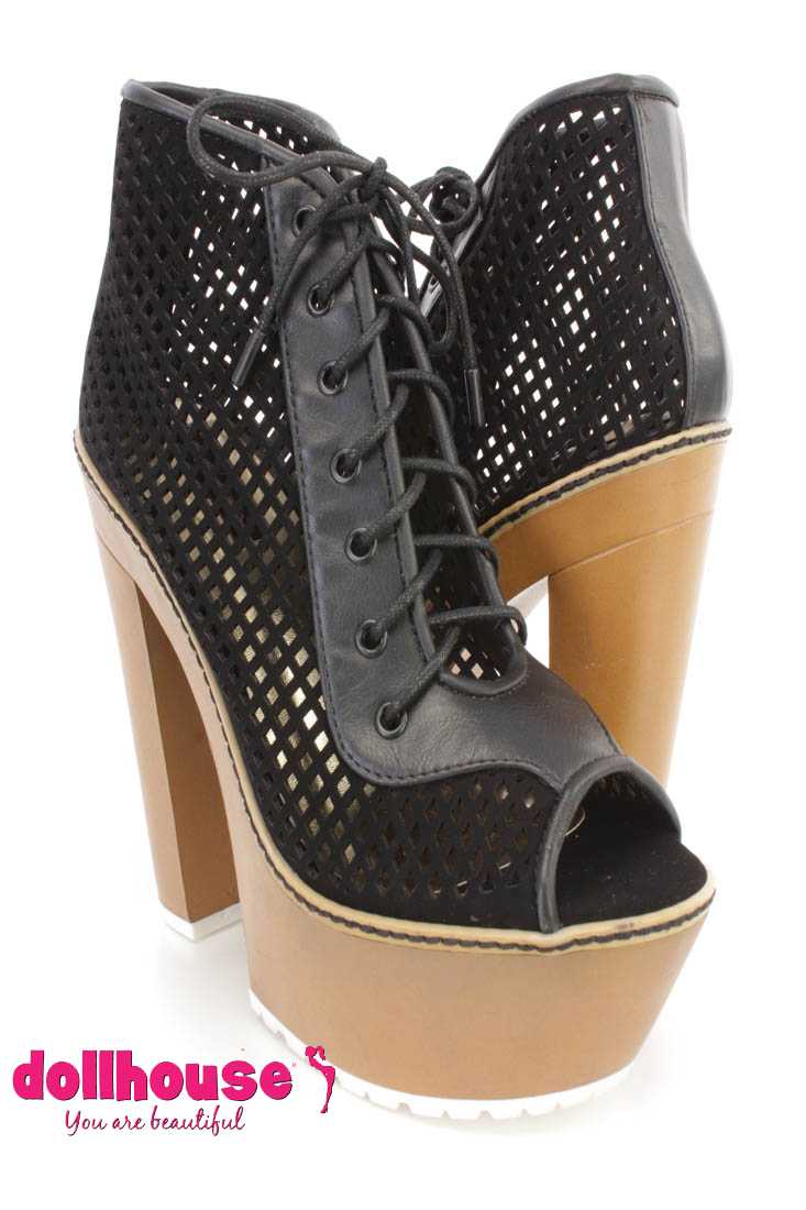 Black Perforated Lace Up Chunky Heel Booties Faux Leather