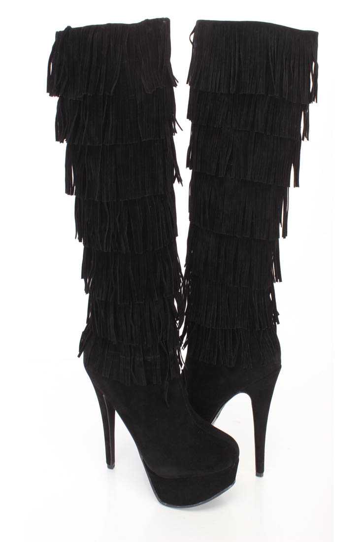 Black Fringe Round Close Toe High Heel Boots Faux Suede