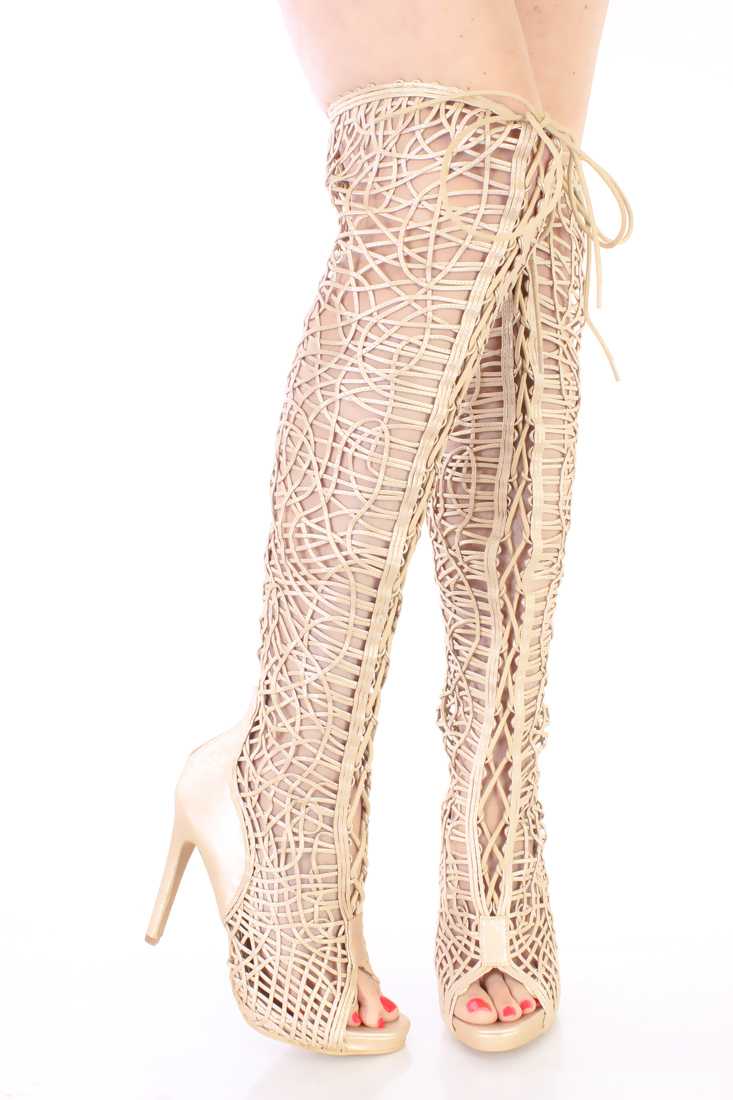 Gold Lace Up Single Sole Thigh High Boots Faux Leather