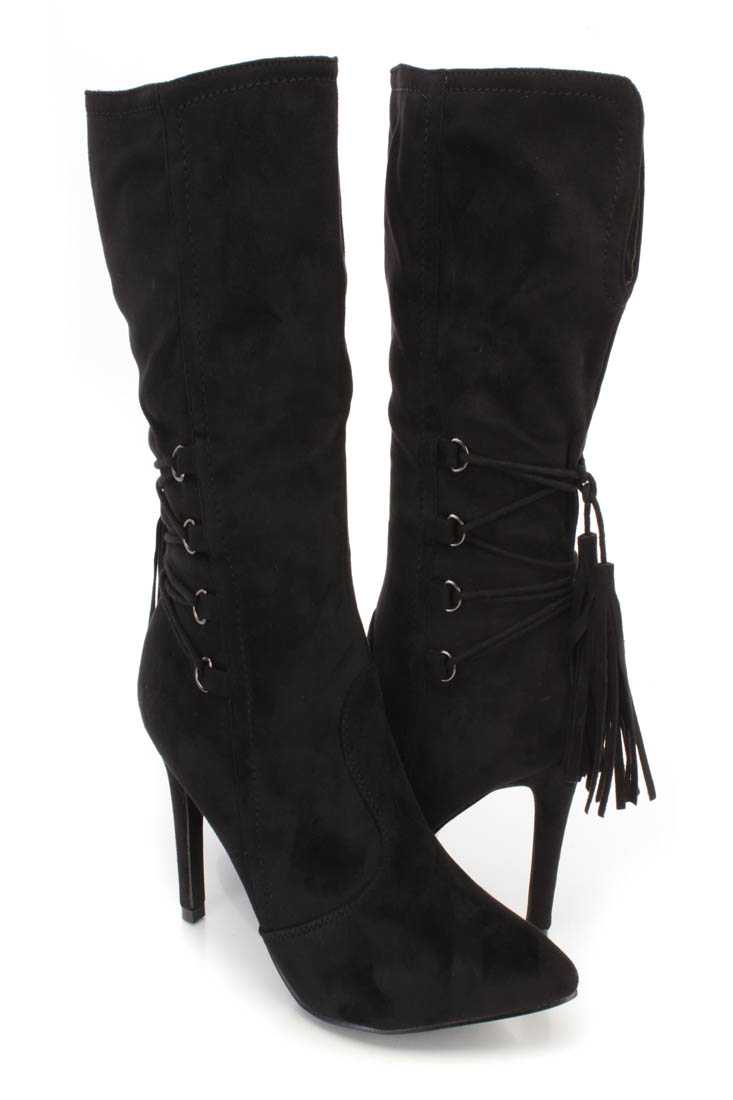 Black Pointed Toe Single Sole Heel Booties Faux Suede