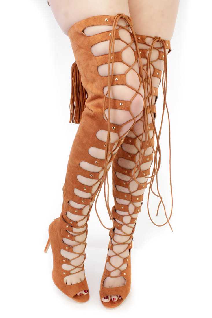 Camel Lace Up Thigh High Heel Boots Faux Suede