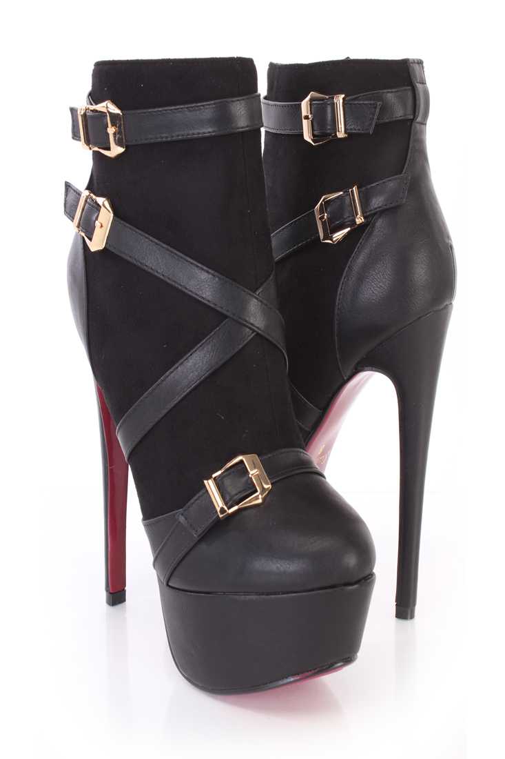 Black Strappy Platform High Heel Booties Faux Leather