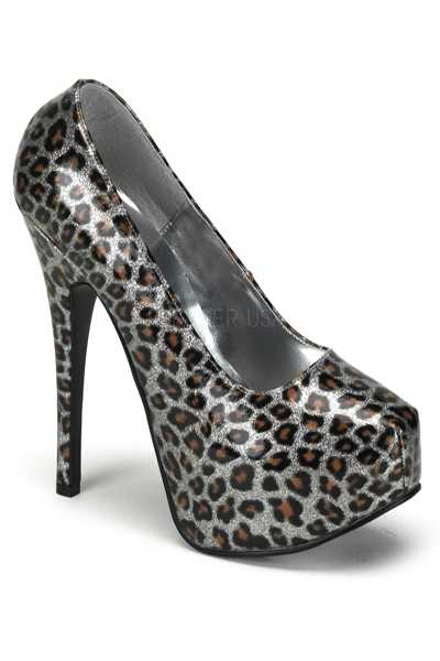 Silver Pearlized Cheetah Patent Platform Pumps High Heels
