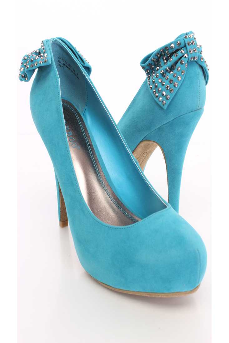Turquoise Bow accent Sexy Heels Faux Suede