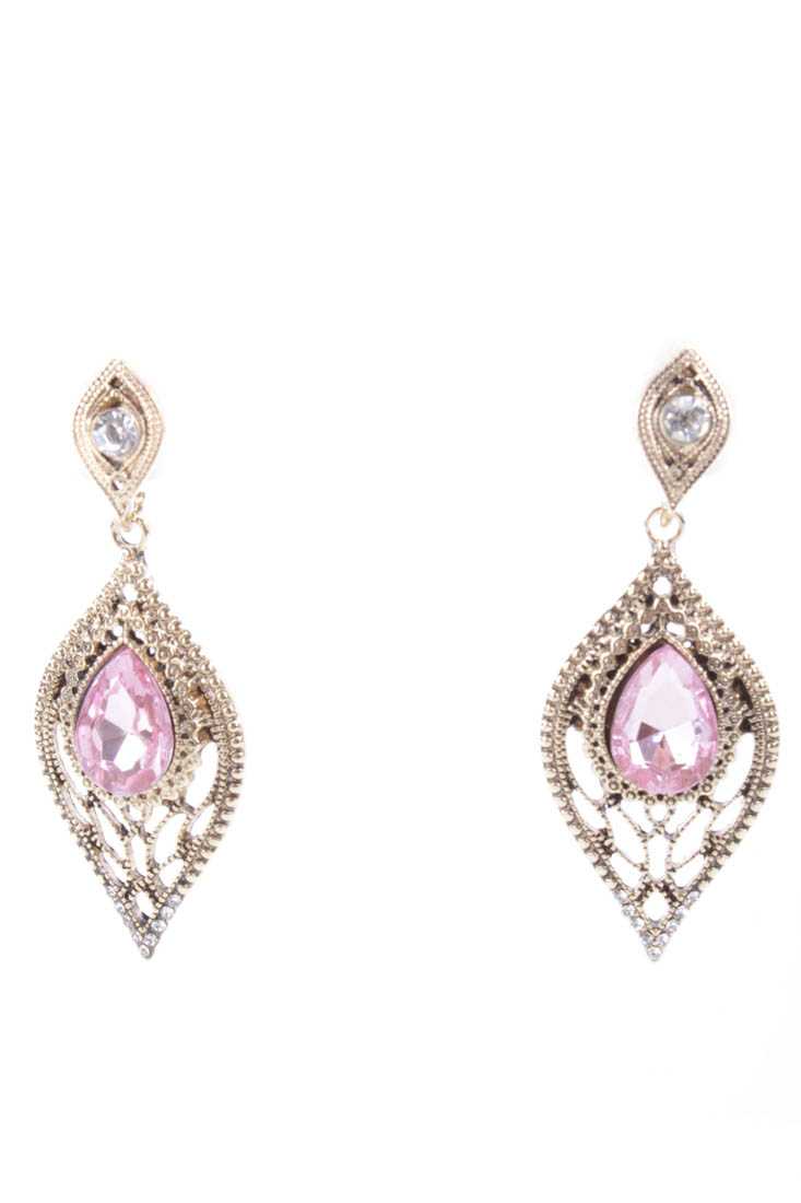 Pink Gold Intricate Design Faceted Beaded Tear Drop Earrings