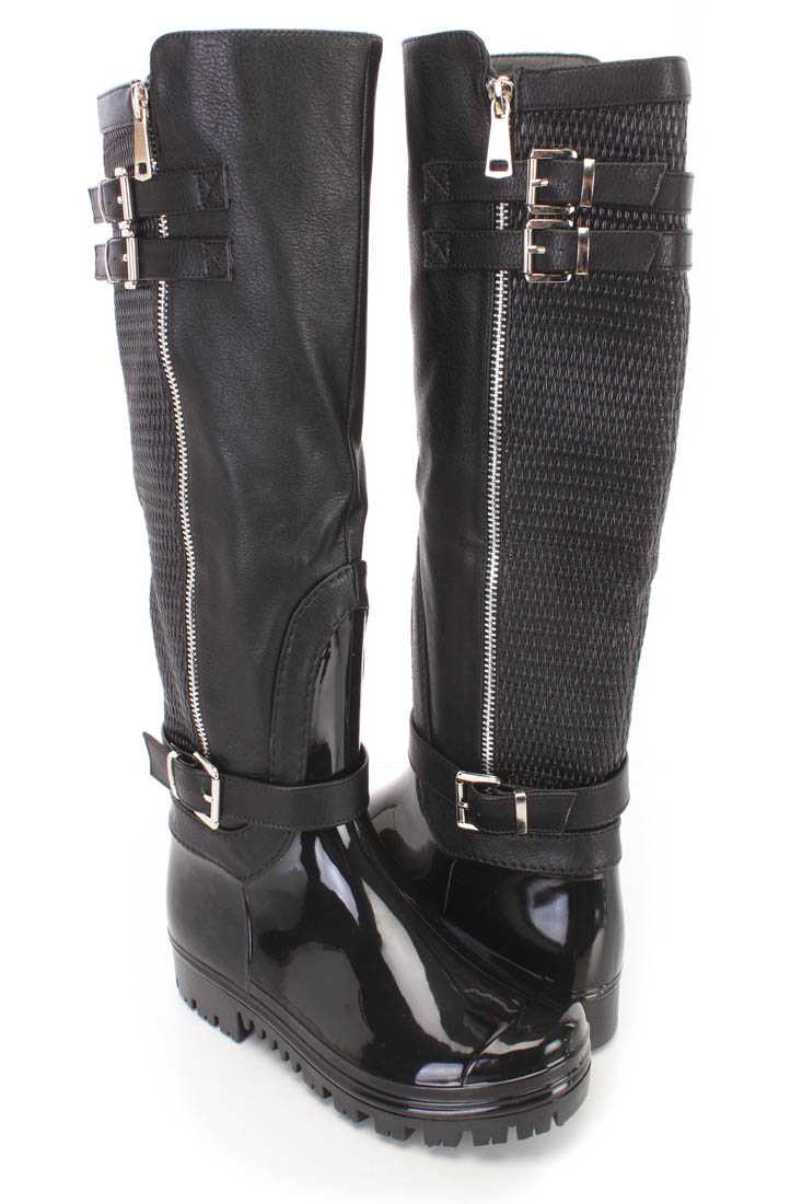 Black Strappy PVC Rain Riding Boots Faux Leather