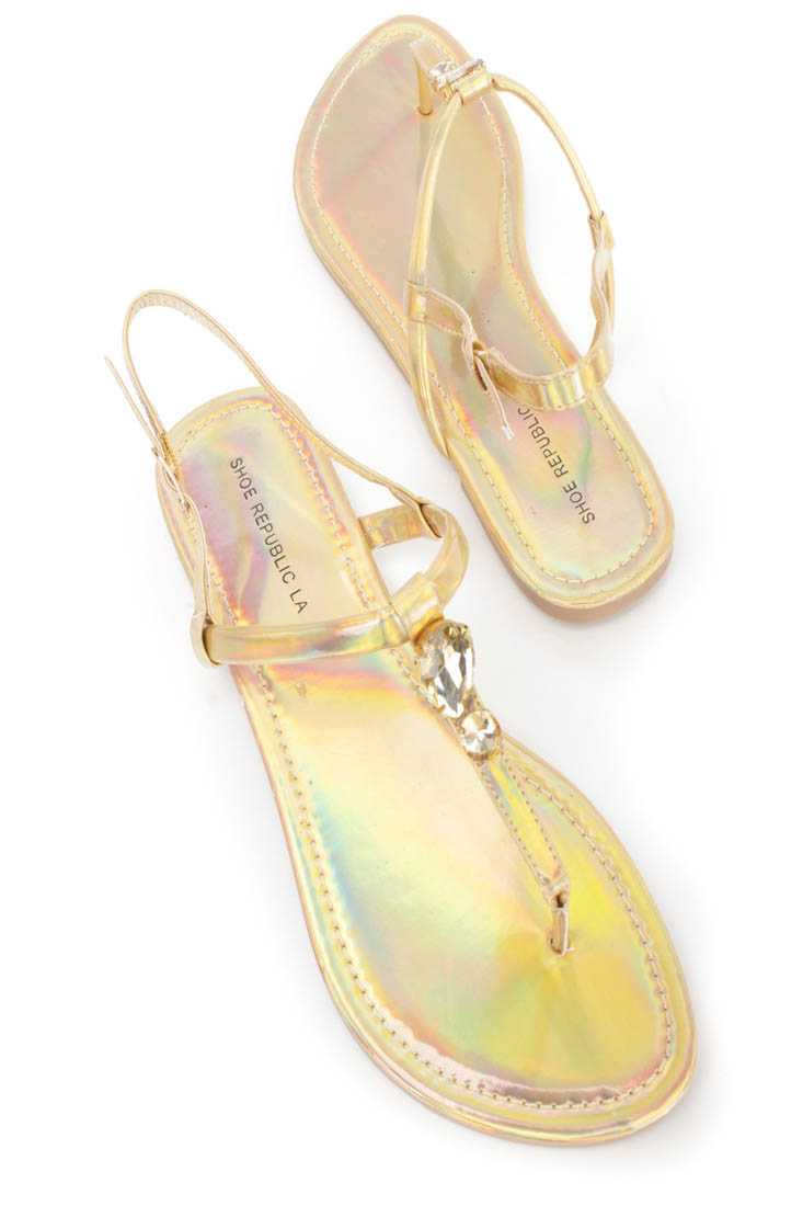 Gold Faceted Gemstone Decor Thong Sandals Faux Leather