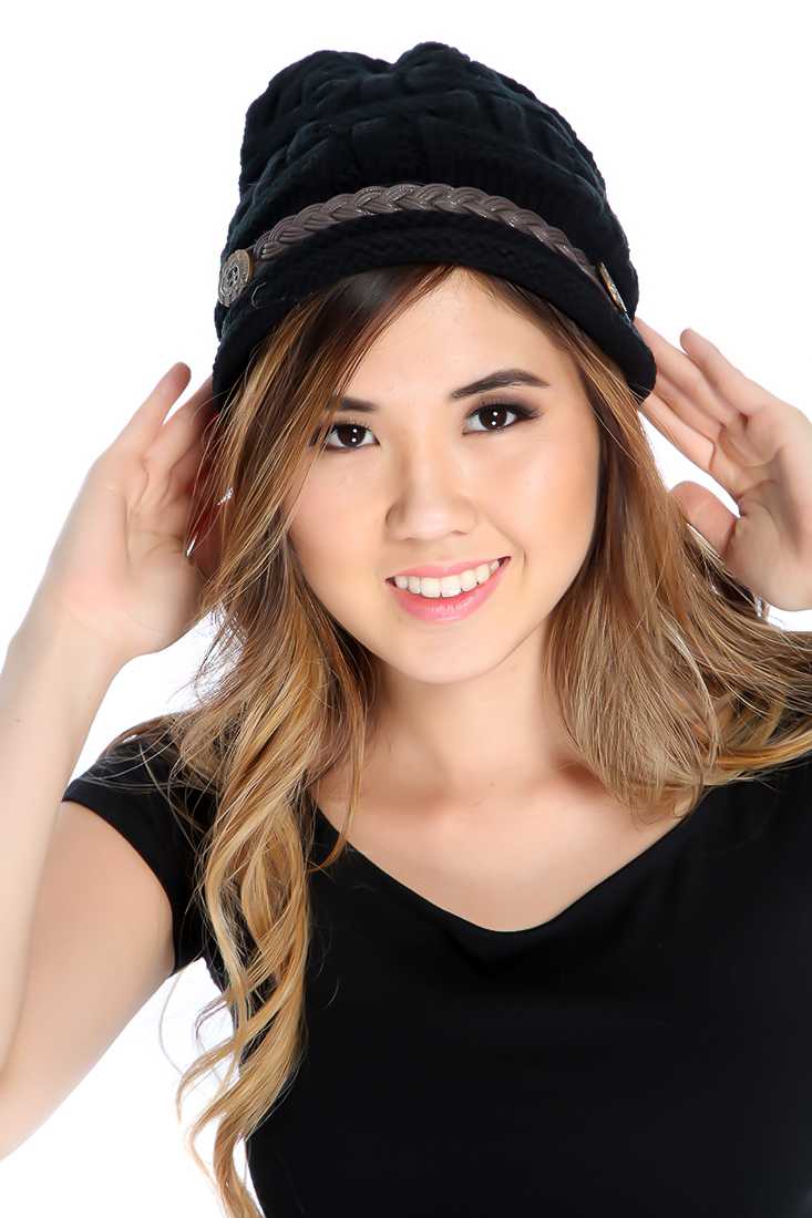 Black Knitted Buttoned Braided Beanie