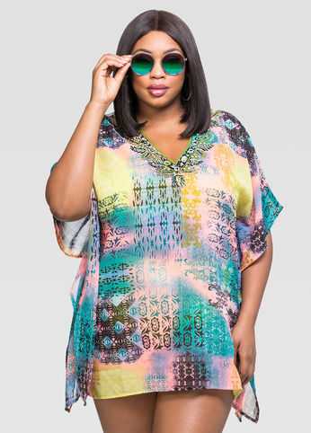 Printed Beaded Cover-Up Top