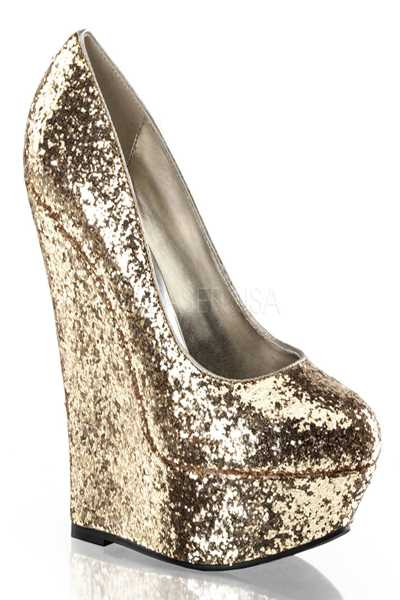 Gold Round Closed Toe Platform Glitter Wedge Pump