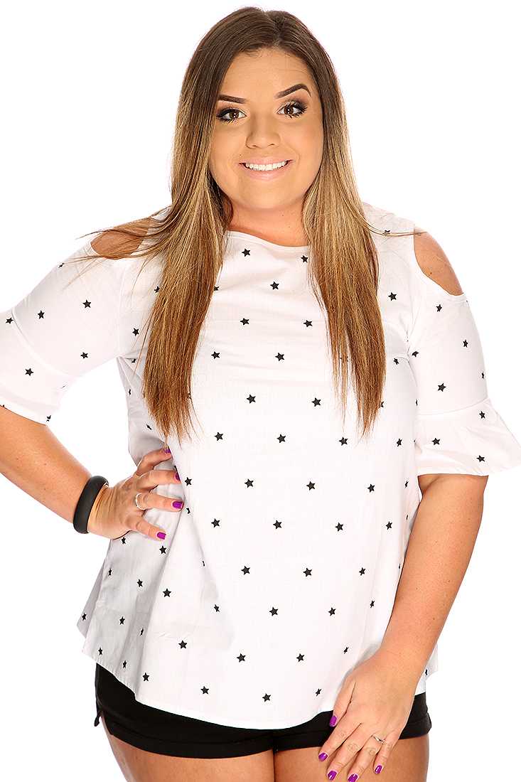 White Star Print Shoulder Cutout Stylish Top