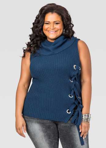 Lace-Up Side Cowl Neck Sweater