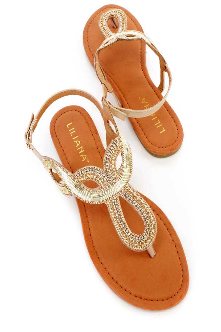 Beige Chain Detailed Thong Sandals Faux Leather