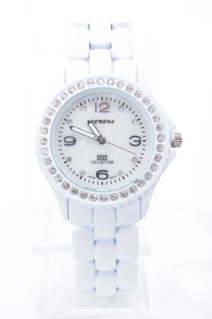 White Rhinestone Round Face Metal Matte Finished Watch
