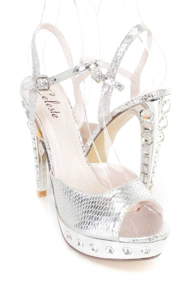 Silver Rhinestone Peep Toe High Heels Faux Leather