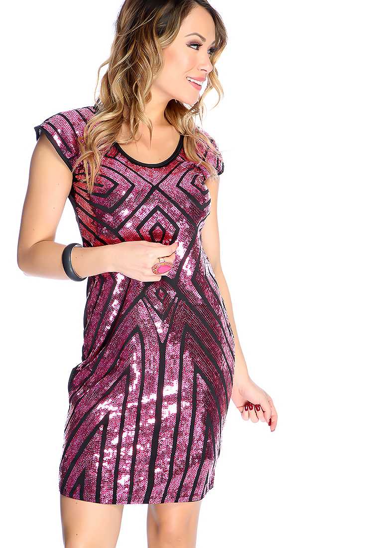 Sexy Magenta Sequins Design Short Sleeve Party Dress