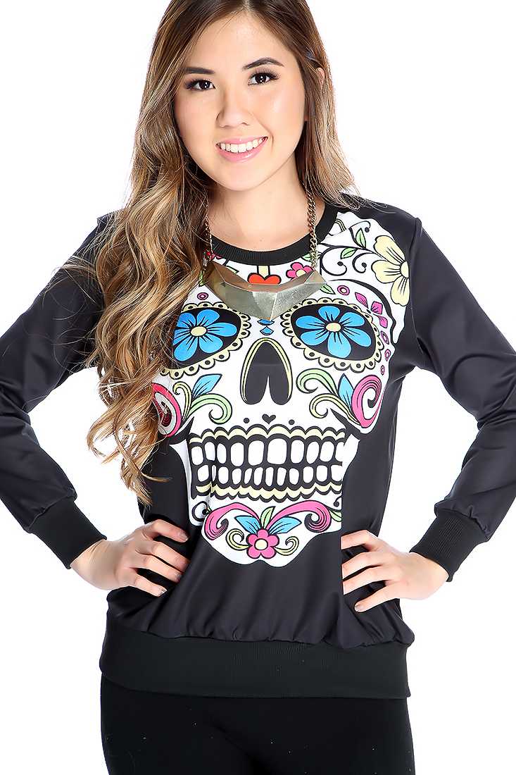 Black Sugar Skull Print Pull Over Sweater