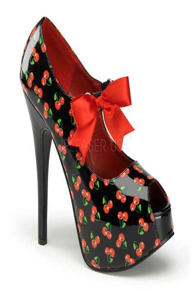 Black Patent Cherry Printed Peep Toe High Heels