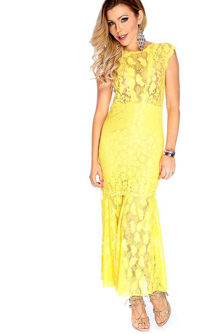 Sexy Yellow Crochet Sleeveless Maxi Prom Dress