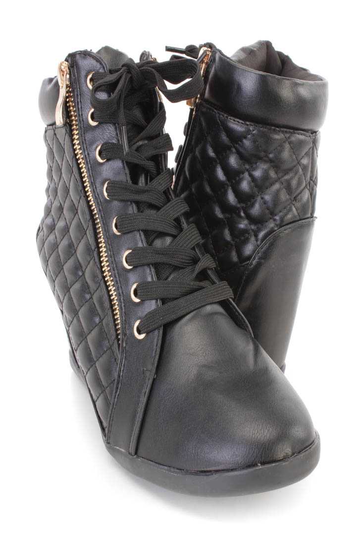Black Lace Up Quilted Sneaker Wedges Faux Leather