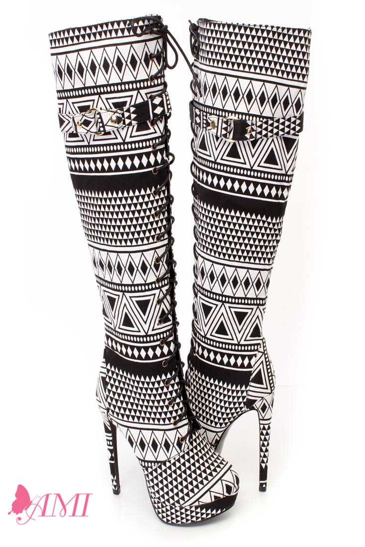 Black White Tribal Lace Up Thigh High Fall High Heel Boots Fabric