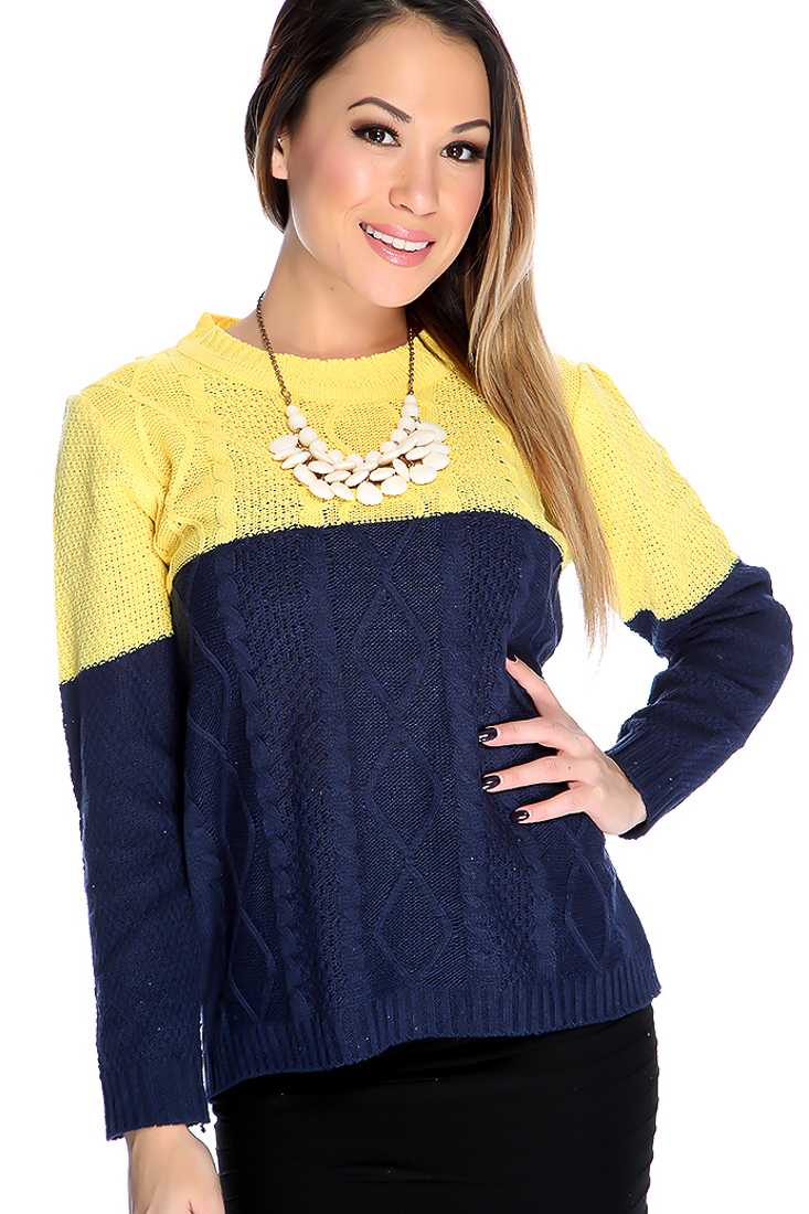 Navy Yellow Long Sleeves Two Tone Open Knitted Sweater