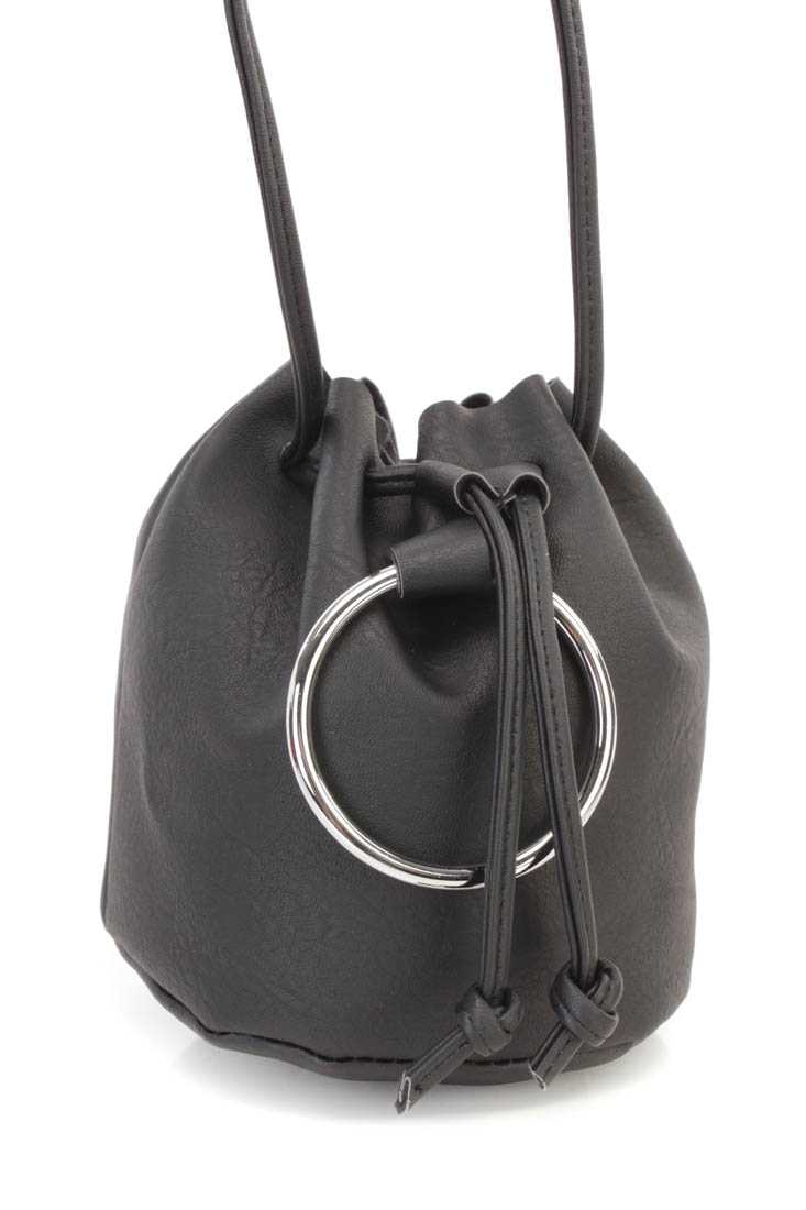 Black Faux Leather Drawstring Bucket Handbag