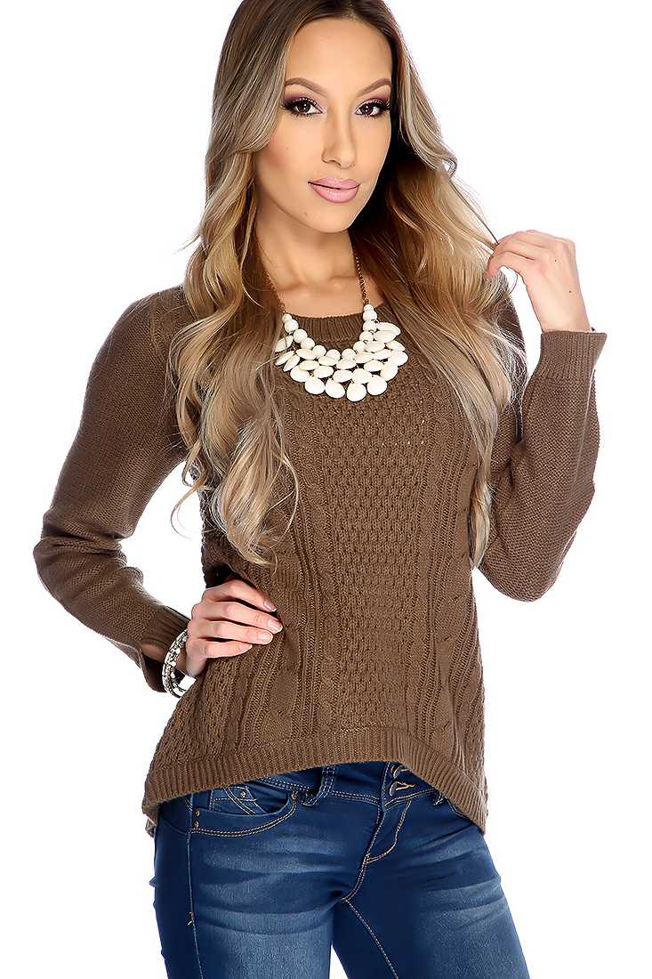 Brown Cable Knitted High Low Sweater Top