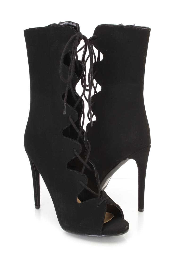 Black Lace Up Tie Single Sole High Heel Boots Nubuck