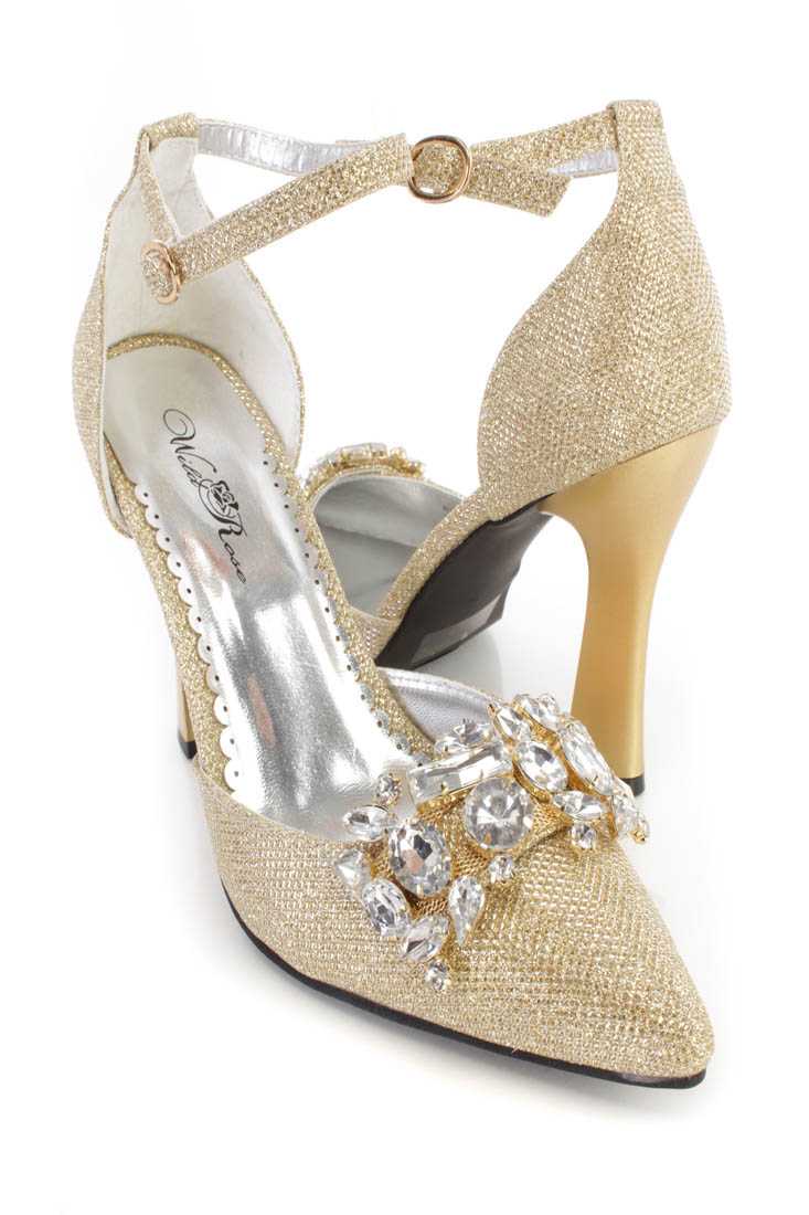 Light Gold Gemstone Ankle Strap Single Sole Heels Glitter