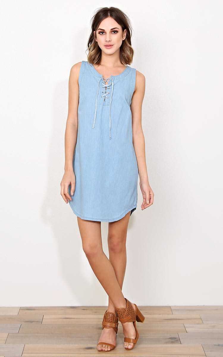 Brooke Chambray Lace Up Dress - LGE - Lt Wash in Size Large by Styles For Less