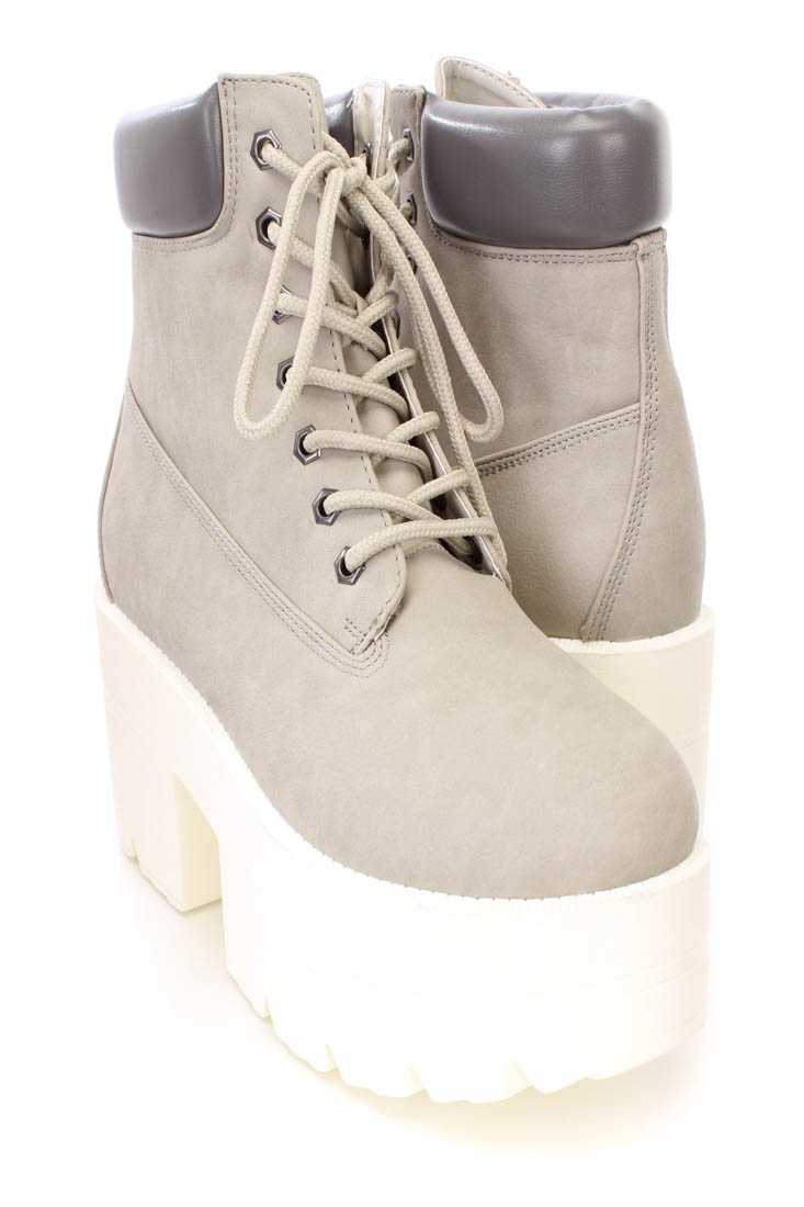Grey Lace Up Chunky Platform Booties Faux Leather